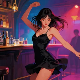 sensual beautiful young girl in wearing a little black dress at a bar, dancing in the background, epic scene, by victo ngai, kilian eng vibrant colours, dynamic lighting, digital art, winning award masterpiece, fantastically beautiful, illustration, aesthetically inspired by beksinski and dan mumford, trending on artstation, art by greg rutkowski, 8 k