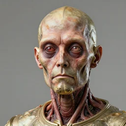 c 3 po with human face, made of flesh, person, human, organic, with high detail, 8 k, stunning detail, works by artgerm, greg rutkowski and alphonse mucha, unreal engine 5, 4 k uhd