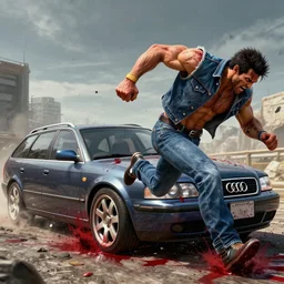 mortal kombat 1 1 gameplay footage of a denim audi a 4 b 6 avant ( 2 0 0 2 ) performing a brutality by running over raiden gruesomely, blood, gibs, blood splatter