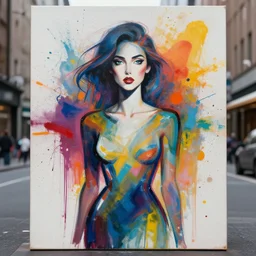 portrait in the city, beautiful female shape, face symmetry, nice pose, rule of thirds, eye symmetry, colourful spray paint splatters, expressive, abstract art, by greg rutkowski, by jeremy mann, by francoise nielly, 4 k, 8 k, correct body proportion, cinematic color style, female shape
