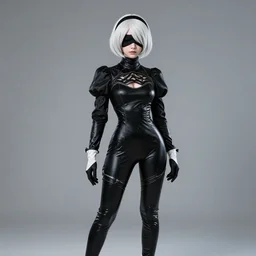 a fullbody portrait of slender 2 b from nier automata, white hair, black blindfold : : in a black latex catsuit, long sleeves, turtleneck : : cosplay, photgraphy, studio photography, real lighting, realistic, hd : :