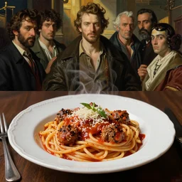 plate of spaghetti and meatballs in the style of wayne barlowe, gustav moreau, goward, bussiere, roberto ferri, santiago caruso, luis ricardo falero, dali