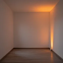 view inside an empty room with the only light source being an orange led