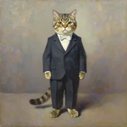 An impressionist oil painting of a Full length Portrait of a tabby British shorthair cat in a suit, wide angle