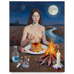 sensual female painting a self - portrait, pancakes, camp fire, river, dusk, moonlight, another planet, moonscape, barren, berries, octopus, surgical supplies, mushrooms, scientific glassware, fungus, candle dripping white wax, berry juice drips, neoexpressionism, surrealism, acrylic and spray paint and oilstick on canvas