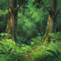 a forest clearing with lush flora in the style of studio ghibli, anime