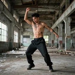 of a raver dancing in an abandoned factory