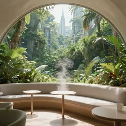 movie still frame, a minimalist cafe inside a luxurious futuristic city dome in a lush jungle, beautiful composition, sunny, steam, 8 k, cgi, by ridley scott, james cameron, zack snyder and michael bay