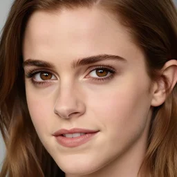 high detail, very close, macro portrait photo, of emma watson with deep brown eyes and long brown hair, smiles at the camera, next to a lake at golden hour, shot using a zeiss supreme prime lens