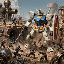a high fantasy Gundam mech attacking the enemy trench in the style of desielpunk/steampunk/decopunk detailed realistic High Resolution HD 8k uncropped