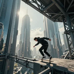 parkour, freerunners, streetwear, futuristic city, trusses, steel and glass