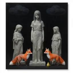 realistic painting of solid black night sky, tall emo girl, stone sculptures, a fox, a pear, dark clouds raining black ink, boulders, caves, pomegranate, bromeliads, herbs, raven, courgettes, berries, zen, sensual, surrealist painting by magritte and monet and rousseau