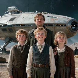 extremely sharply detailed, from blockbuster 9 6 k sci fi color movie freeze frame, set 1 8 6 0, family standing in front of crashed spaceship, on alien planet, looking happy, wearing 1 8 5 0 s era clothes, atmospheric lighting, in focus, reflective eyes, - 2 8 0 mm macro lens, live action, nice composition, good photography, clear facial details
