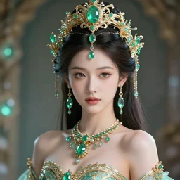 portrait of photogenic princess of emeralds with fair skin, ornate, 8 k, gorgeous, intricate, detailed, accent lighting, ethereal lighting, hyper realism, octane render