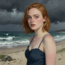 Elle Fanning at night, stormy weather, beach, extremely detailed masterpiece, illustration, by Michael Sowa,