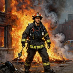 tom hardy as a firefighter at a burning nyc building, smoke and flames, painting by gaston bussiere, craig mullins, j. c. leyendecker