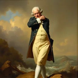 george washington hitting the dab, standing with his face tucked into his bent elbow, with his other arm outstreched. painting by emanuel leutze, in the style of washington crossing the delaware, 1 8 5 1