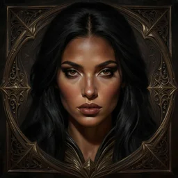 head-on centered symmetrical painted portrait, woman D&D Sorcerer, black hair, brown skin, dramatic lighting, intricate, fantasy, intricate, elegant, highly detailed, digital painting, smooth, sharp focus, illustration, dramatic lighting, artstation, in the style of Artgerm and Anna Podedworna