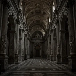 labyrinthine halls within the vatican, monolithic, baroque, gothic, grim dark, film noir, stippled light, dramatic lighting, very detailed, fine texture, matte painting, concept art, artstation