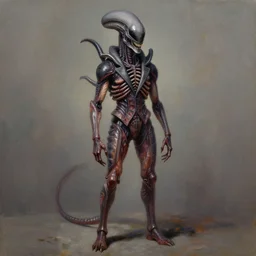 full body portrait of ripley wearing a suit made from the skin of a xenomorph, realistic oil painting, trending on artstation