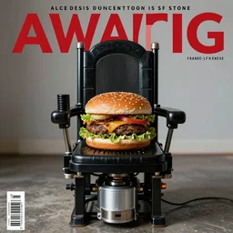an electric chair with a hamburger sitting on it, electric chair, award winning photograph, magazine cover, social commentary
