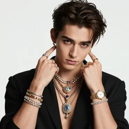 a photographic character model design of a very handsome young confident man wearing excessive jewelry in an ornate and elegant way, flirtatious and intrigued