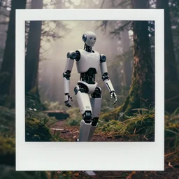 Humanoid robot, sleek robot, advanced robot, walking through misty forest, Pacific Northwest, Polaroid