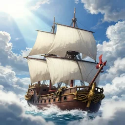 pirate ship sailing, boisterous heaven, raging sky, sun lighting through clouds, with blue light piercing through clouds, makoto shinkai, royal blue colors, lighting refraction, volumetric lighting, pixiv art, highly detailed, anime art, symmetrical, wlop, anime art