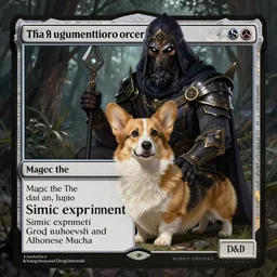 “an augmentation sorcerer uses magic to enlarge pet corgi, Simic experiment, Magic the Gathering, D&D, fantasy, intricate, cinematic lighting, highly detailed, digital painting, artstation, concept art, smooth, sharp focus, illustration, art by Artgerm and Greg Rutkowski and Alphonse Mucha”