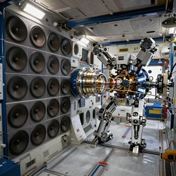 giant wall of sound speakers in the interior of an international space station. giant robotic mech particle accelerator. photorealistic 35mm 4k