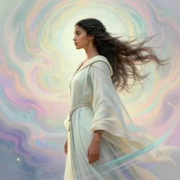 side profile, maya ali, wind wizard, elden ring, robes, elegant, highly detailed, concept art, smooth, colorful swirly magical ripples, pastel colors, by huang guangjian, sachin teng, greg rutkowski, jesper ejsing, ilya kuvshinov, artgerm, mucha