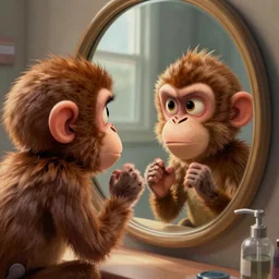lofi monkey in front of a mirror reflecting anger expression of a human face, symmetrical hands, doctors mirror, Pixar style by Tristan Eaton Stanley Artgerm and Tom Bagshaw, high detail