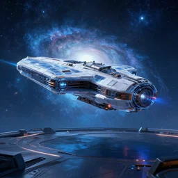 cyberpunk spaceship landing on a platform, hyperrealistic, background galaxy, futuristic, highly detailed, glass, blue, extremely wide angle