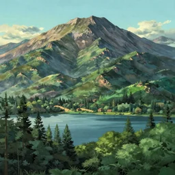 mountains, trees, and lake, by hayao miyazaki