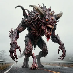 Giant fanged limb monster walks in the road. Drops of blood, meat, mouths, many limbs, many eyes on head, horns. Dark colors, high detail, hyperrealism, horror art, intricate details, masterpiece, biopunk, body-horror, art by Greg Broadmore, Esao Andrews, Beksinski, Giger