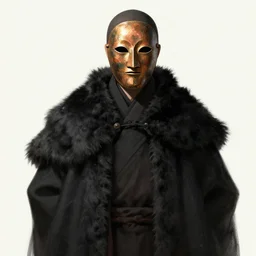 a monk in a black fur cloak with a bronze mask concept art
