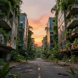 streetview, brutalist buildings, abandoned, empty streetscapes, lush green jungle, natural volumetric lighting, sunset, rusted steel, concrete, glass, stunning skies, scattered debris, 8 k, finely detailed, unreal engine, imax, cinematic, beautifully illustrated, sharp focus, minimal artifacts, doom, greg rutkowski, le corbusier, artstation