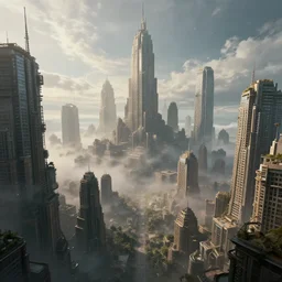 a sprawling fantasy city inspired by brutalism with high towers, photorealistic, movie concept art, magical atmosphere, maximalist, cinematic lighting, cinematic atmosphere, Extreme long shot, extreme wide shot, octane, matte painting, volumetric lighting, atmosphere, mist, fog, clouds, Matte painting, v-ray,
