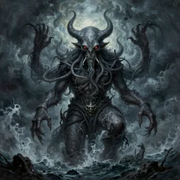 A beautifully detailed and creative painting of Cthulhu, by H.P. Lovecraft, surrounded by a stormy sea, by Zdzislaw Beksinski , trending on artstation, gothic, horror