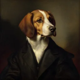 a painting by Leonardo De Vinci of a dog wearing a suit, dramatic lighting