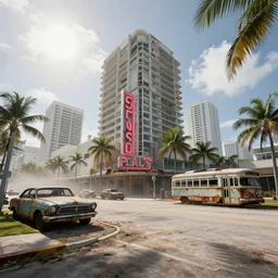 low wide angle shot of dilapidated fallout 5 miami, tropical coastal city, desolate, dilapidated neon signs, few rusted retro futuristic vintage parked vehicles like cars, buses, trucks, trams, sunny weather, few clouds, volumetric lighting, photorealistic, fog, daytime, spring, slight overcast weather, sharp focus, ultra detailed, 4 0 0 0 k