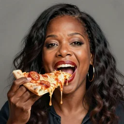 portrait of whoopi goldberg opening his mouth to eat pizza, highly detailed, digital painting, artstation, concept art, sharp focus, illustration, art by artgerm and greg rutkowski and alphonse mucha