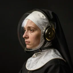 a woman's face in profile, glass space helmet, nun's habit, in the style of the dutch masters and gregory crewdson, dark and moody