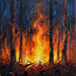 Abstract art of a forest fire, acrylic painting
