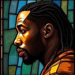 detailed portrait of travis scott with dreads, he is raging, profile view, side view, middle eastern man, 4 5 years old, brown coat, shaved head, slight stubble, stained glass art, by alphone mucha, very masterful, no artifacts