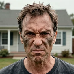 a middle aged man looking at the camera with an angry, unhinged look in his eye, in the style of diane arbus, ultradetailed, insanely intricate, 4 k ultra hd, 8 k uhd, photography, iso 2 0 0, face mud, in a house