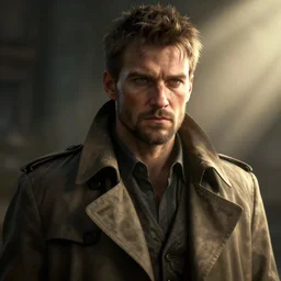 portrait of a rugged man in a trenchcoat, highly detailed, fantasy, godrays, cinematic lighting, close up, volumetric, realistic, digital art by greg rutkowski