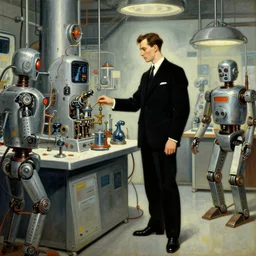 man in futurist 6 0 ´ s lab, machines and futurist robots, leyendecker style, black suit
