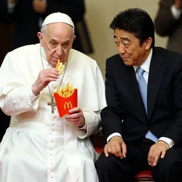 the pope eating mc donalds with shinzo abe, photo by slim aarons, award winning