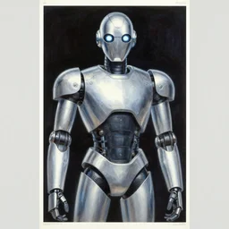 movie poster, comic book page, oil painting, of a silver, silver robot, album cover, by hajime sorayama 4 k